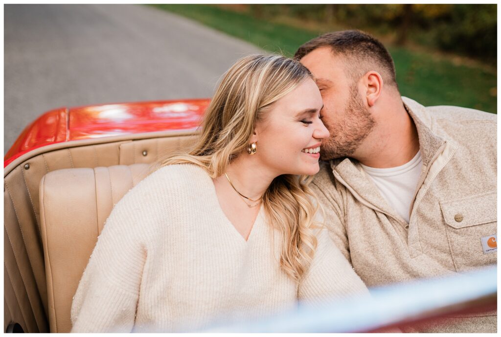 North Shore House Wedding Venue Engagement Photos with a vintage ford hot rod car