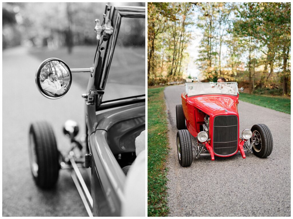 North Shore House Wedding Venue Engagement Photos with a vintage ford hot rod car