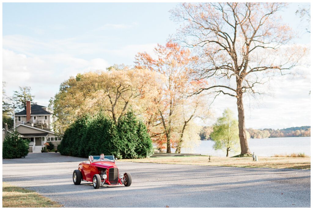 North Shore House Wedding Venue Engagement Photos with a vintage car