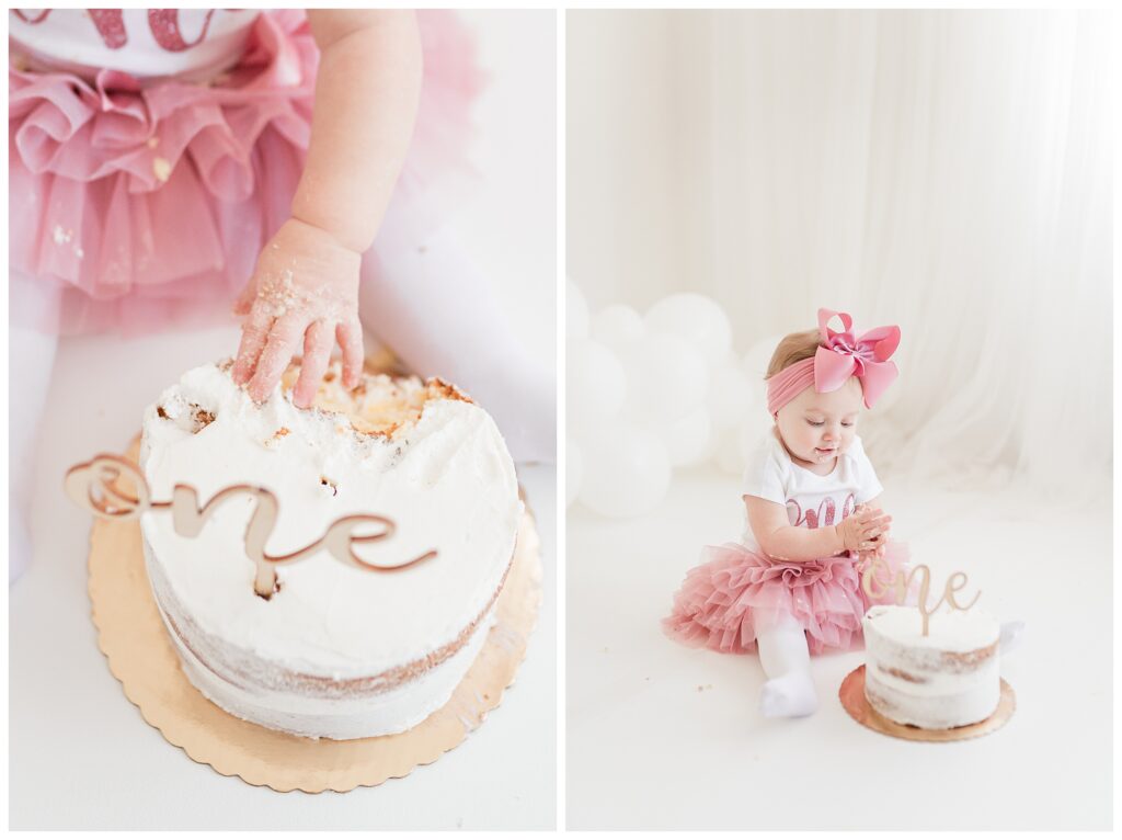 pink bow first birthday cake smash photographer in sussex county new jersey | Renee Ash Photography