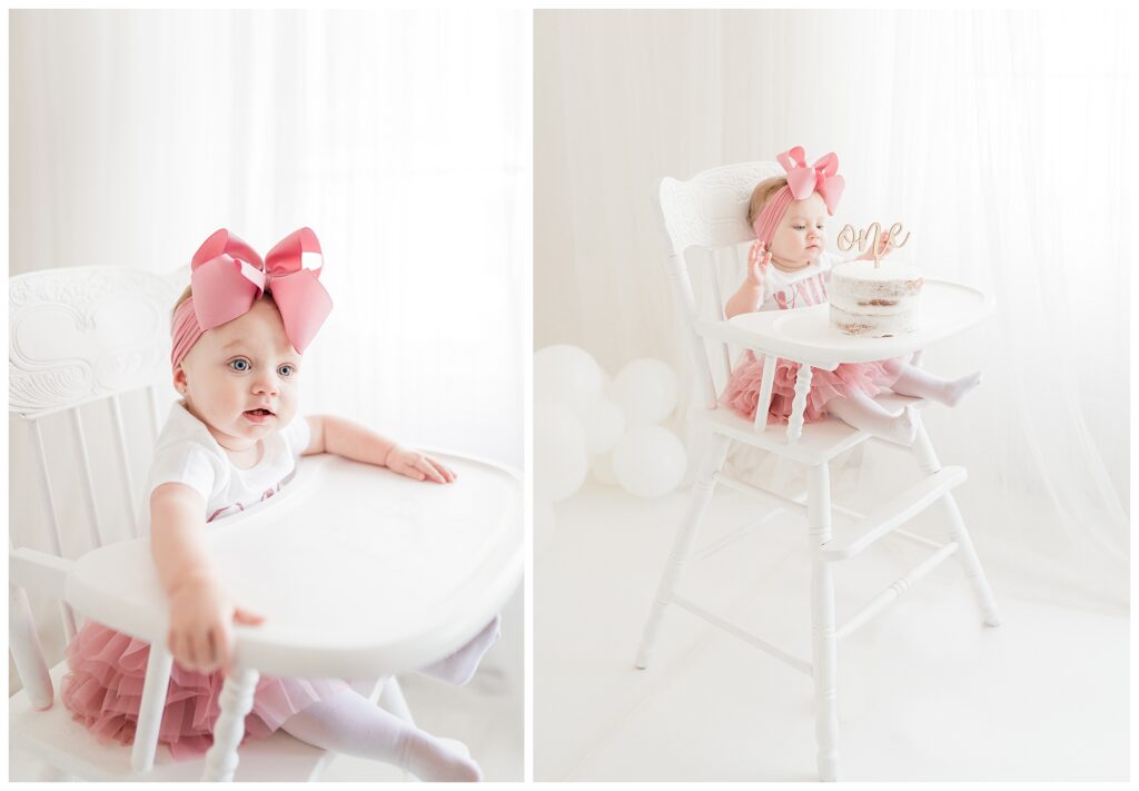 pink bow first birthday cake smash photographer in sussex county new jersey | Renee Ash Photography