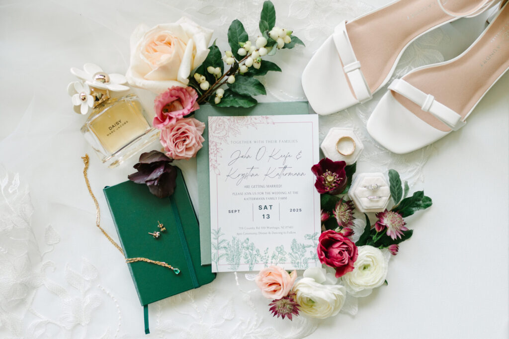 wedding flatlay details. garden inspired florals for a summer tented farm wedding in NJ