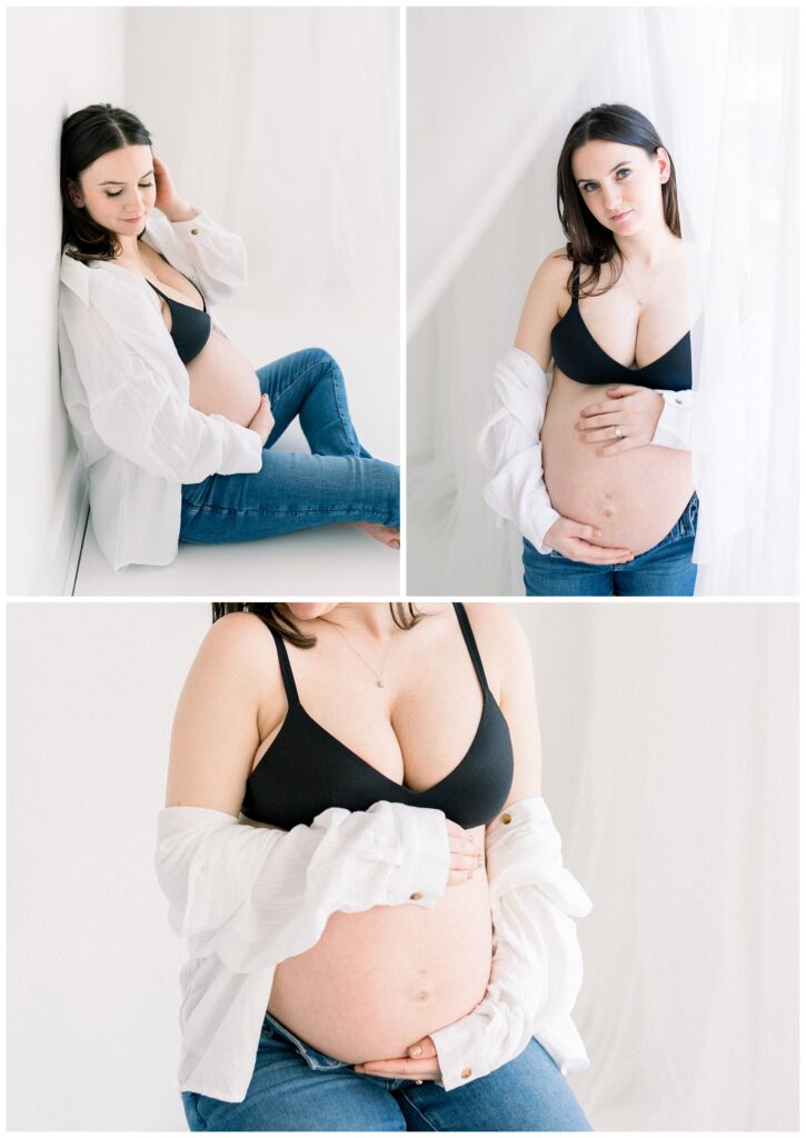 Modern Boudoir style maternity session in sparta NJ. bright, minimal neutral, black bra and white button down shirt