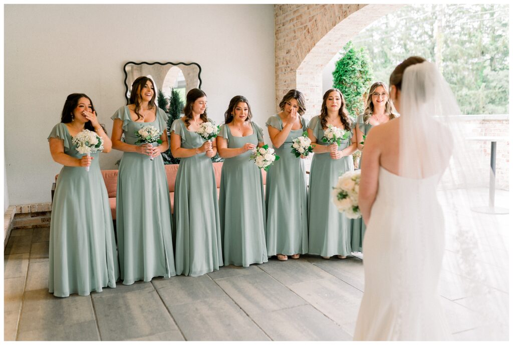 First look with the bridesmaids Perona Farms Wedding Photographer NJ Venue Guide