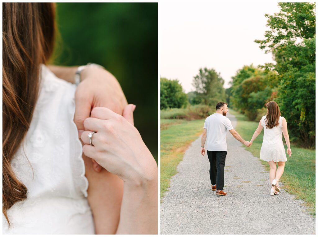 Engagement Photos in Sussex County featuring a nature preserve session with two outfits, champagne toasts, and a Waterloo Village wedding.