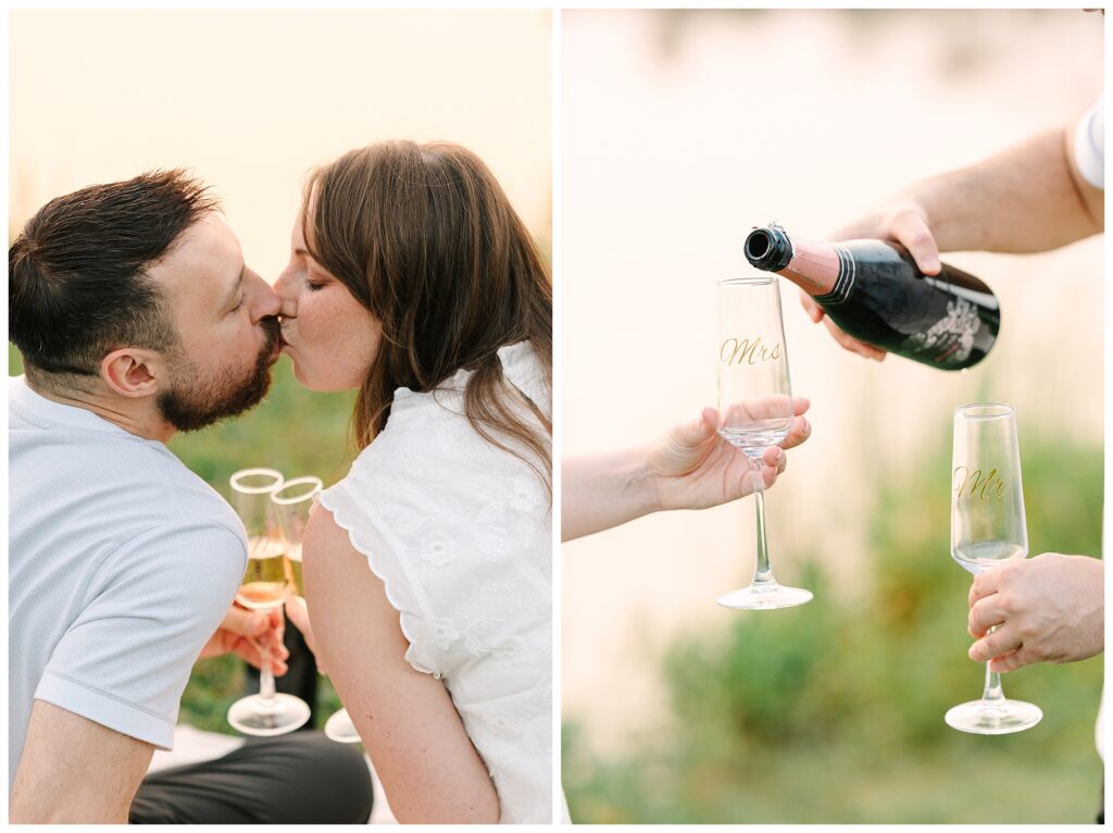 Champagne glasses Engagement Photos in Sussex County featuring a nature preserve session with two outfits, champagne toasts, and a Waterloo Village wedding.