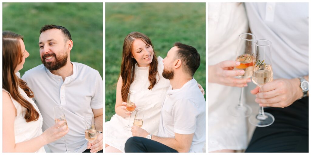 Champagne glasses Engagement Photos in Sussex County featuring a nature preserve session with two outfits, champagne toasts, and a Waterloo Village wedding.