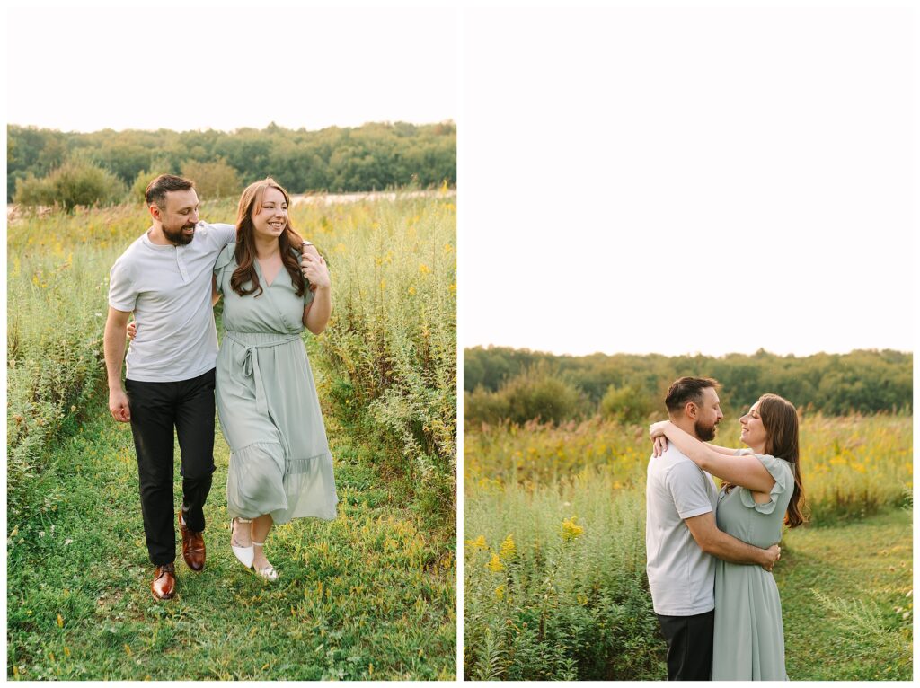 Vernon NJ Engagement Photos in Sussex County featuring a nature preserve session with two outfits, champagne toasts, and a Waterloo Village wedding.