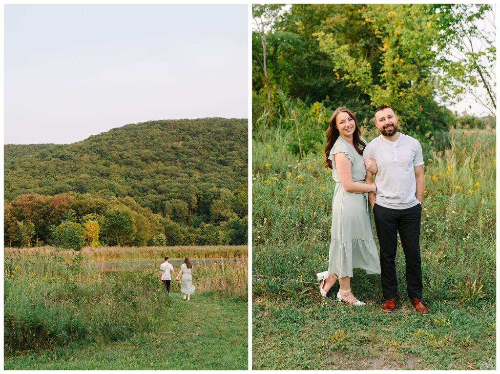 Sparta NJ Engagement Photos in Sussex County featuring a nature preserve session with two outfits, champagne toasts, and a Waterloo Village wedding.