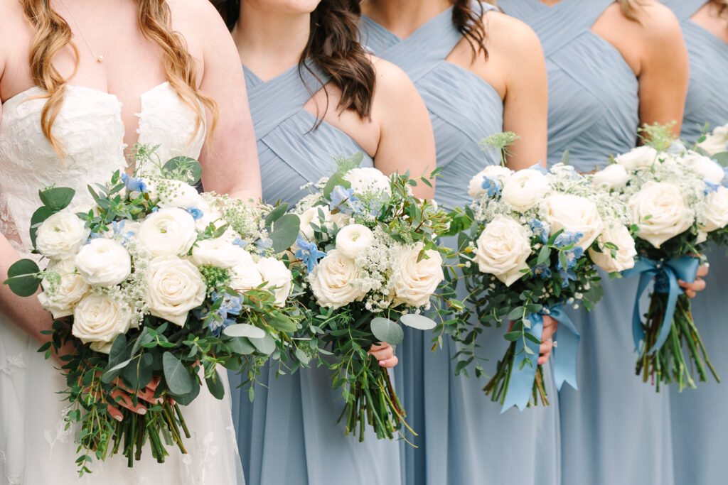 The Conservatory at the Sussex County Fairgrounds wedding with pale blue and white decor. Renee Ash photography