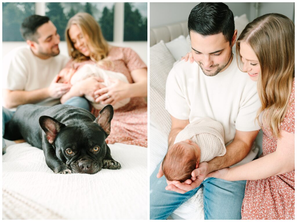 Parents relaxing with their newborn and family dog during an in home newborn photography session in Morris County