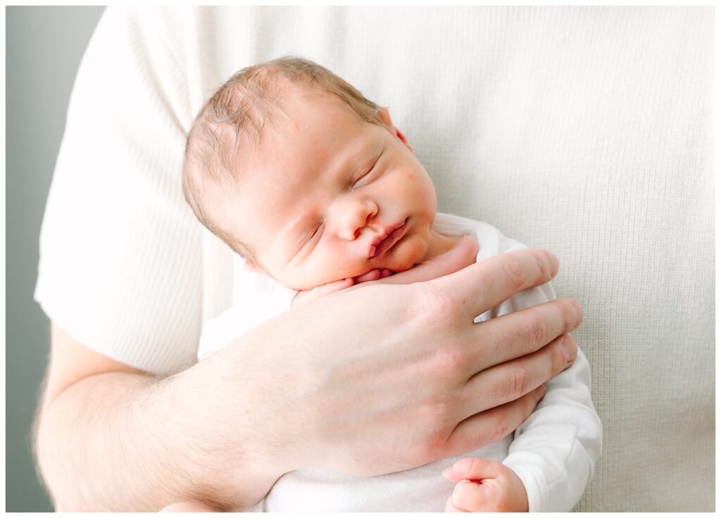 Newborn baby photographed at home in Morristown New Jersey during a calm lifestyle session