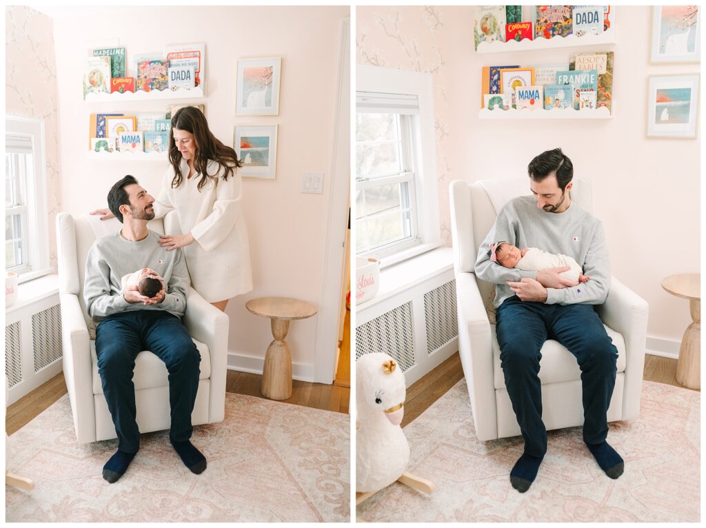 Cozy in home newborn photography capturing quiet moments between parents and baby