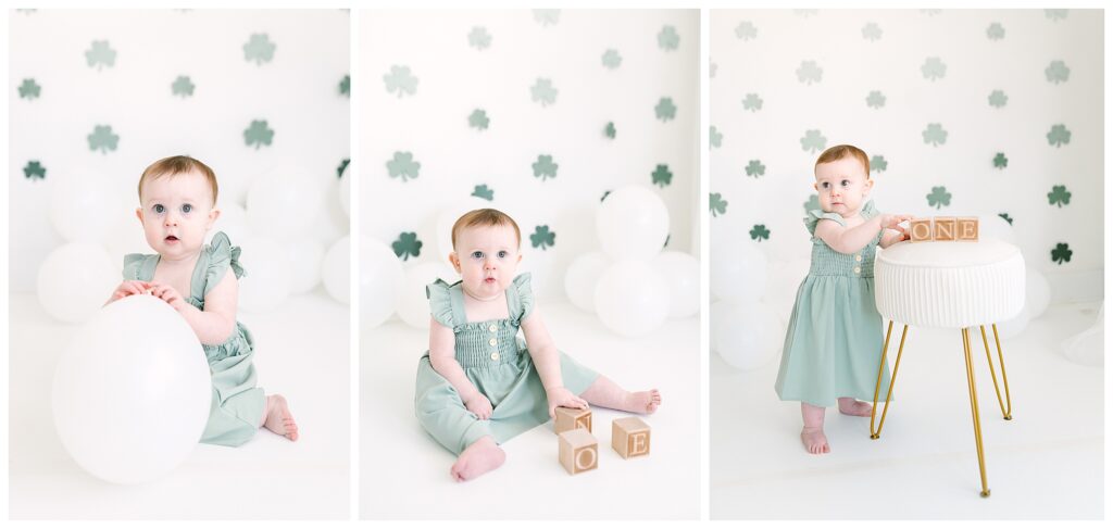 St. Patrick’s Day Baby First Birthday Cake Smash in the Studio with shamrocks and an irish st patricks day theme.