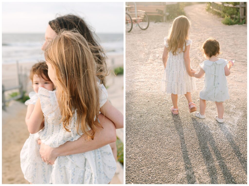 Faceless childrens photographer in New Jersey. Family beach vacation at the new jersey shore. Family photography on the beach in New Jersey on Long Beach Island near beach haven. SUnrise on the beach with a family of four. Mom dad and two little girls in blue. Renee Ash Photography