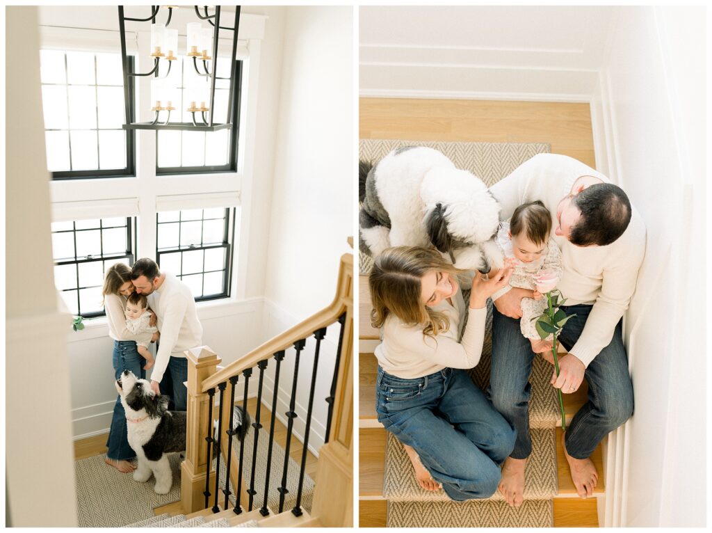 Lifestyle photo of toddler and family dog during first birthday photos at home