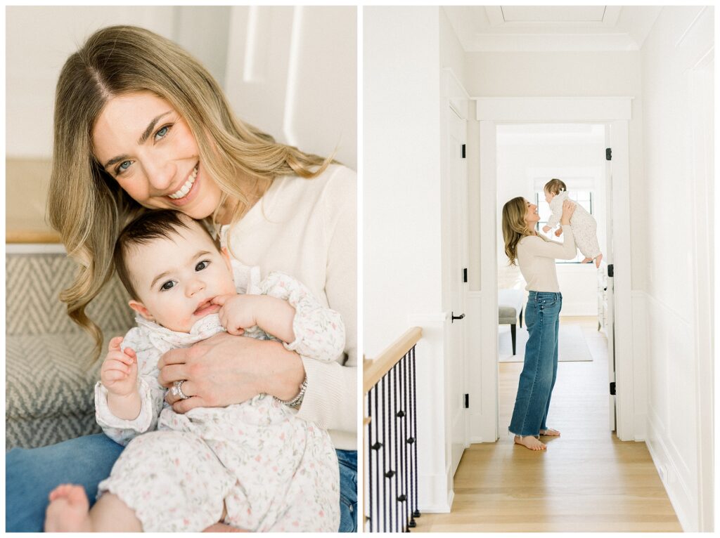 Mother and one year old daughter snuggling during in-home milestone session
