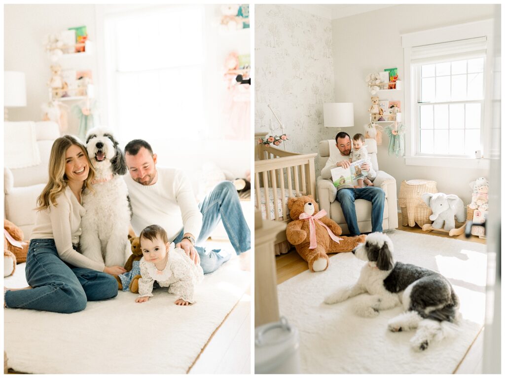 Dad reading storybook to one year old daughter during in-home first birthday session