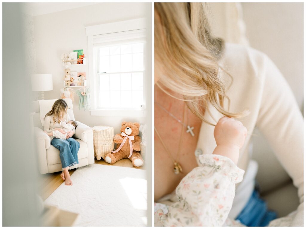 Intimate mother and baby connection photo from in-home first birthday session. Nursing and breastfeeding artful images at home. Documenting the breastfeeding journey in motherhood 