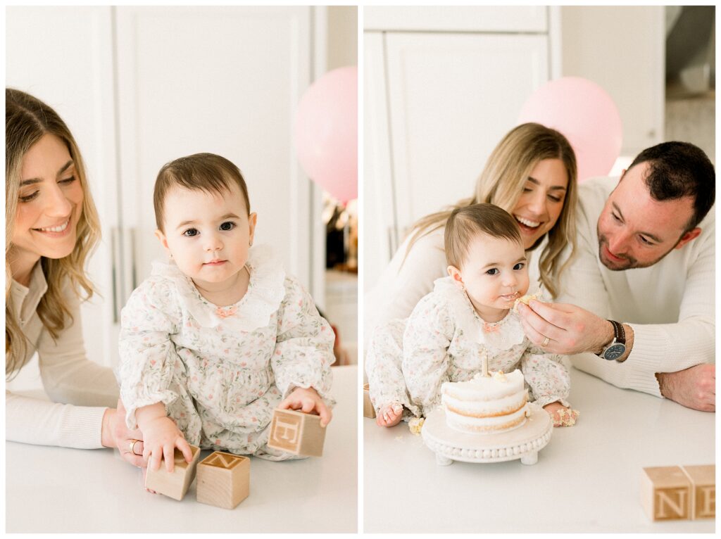 In-home cake smash on kitchen island during first birthday session in Madison NJ