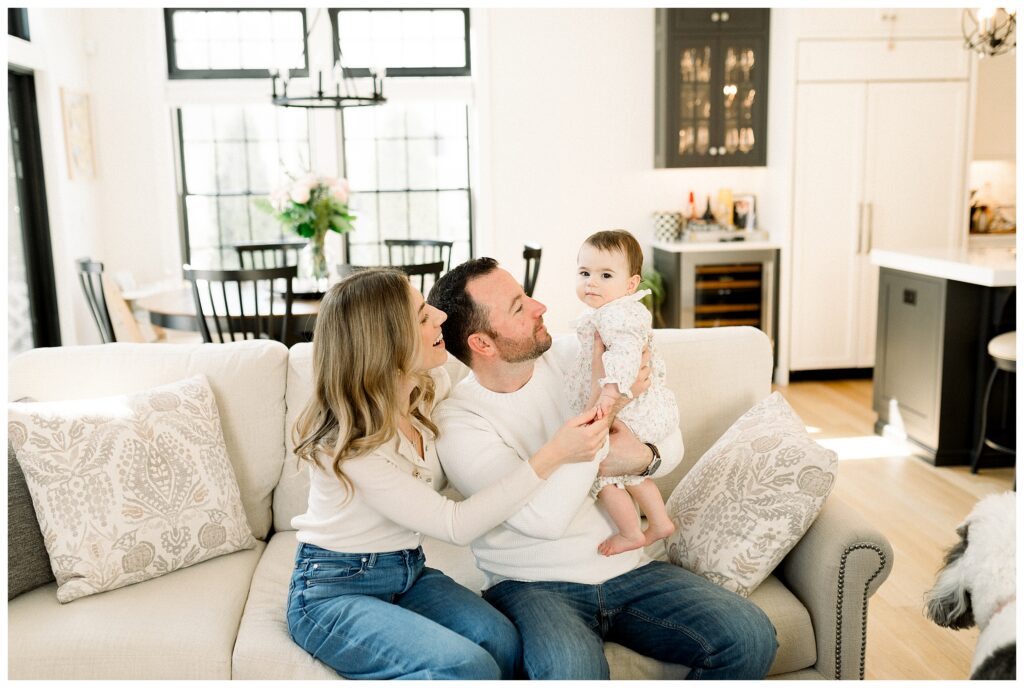 North Jersey in-home first birthday photography with parents and toddler in natural light