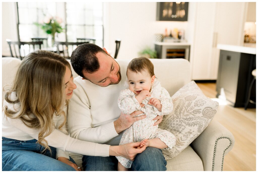 Madison NJ family first birthday photos with mom dad and one year old at home