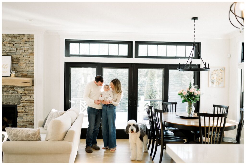 Lifestyle family photography Madison NJ capturing baby’s first birthday at home with the family dog