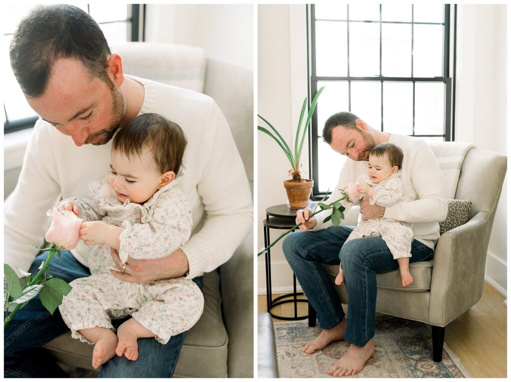 Cozy in-home milestone session in North Jersey with parents holding one year old daughter