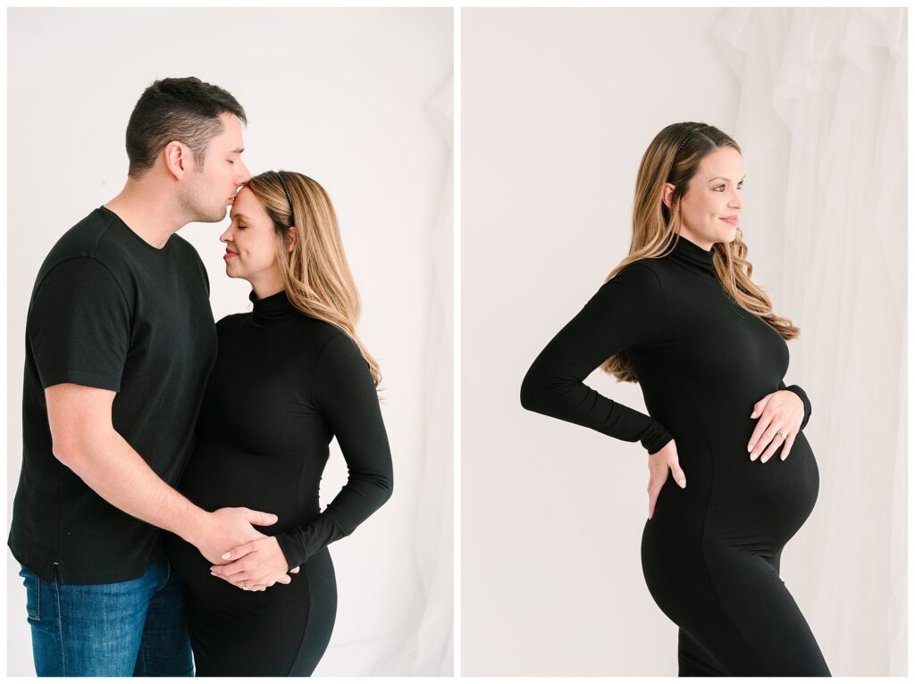 Timeless studio maternity photography in Lafayette NJ featuring a pregnant woman in a black dress