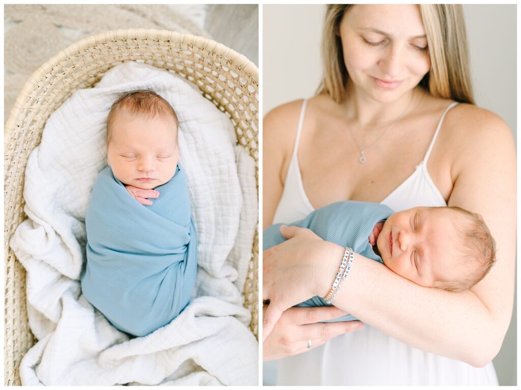 newborn baby boy blue onesie studio photos