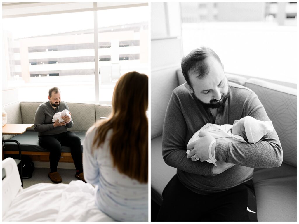 parents holding a Baby boy just 24 hours old in the hospital after delivery at Morristown Medical Center during baby's first photo shoot with Fresh 48 Newborn Photographer renee Ash Photography