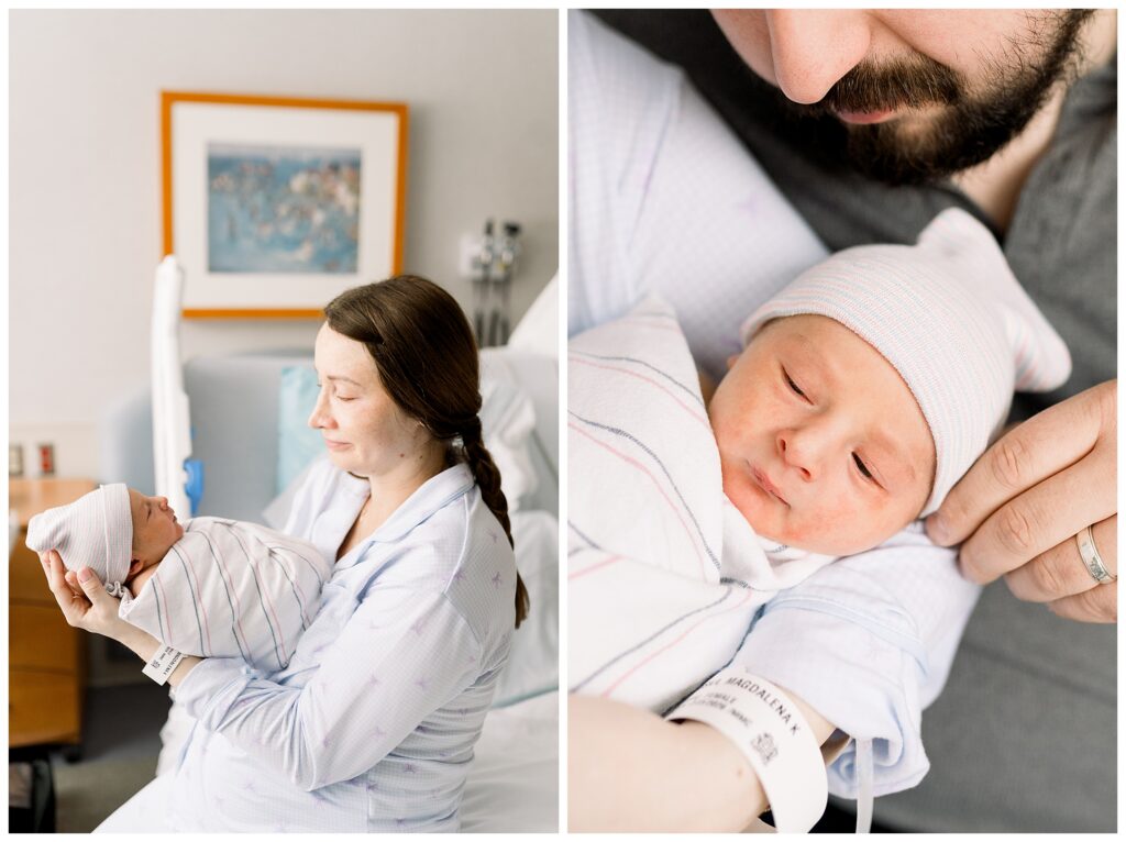parents holding a Baby boy just 24 hours old in the hospital after delivery at Morristown Medical Center during baby's first photo shoot with Fresh 48 Newborn Photographer renee Ash Photography