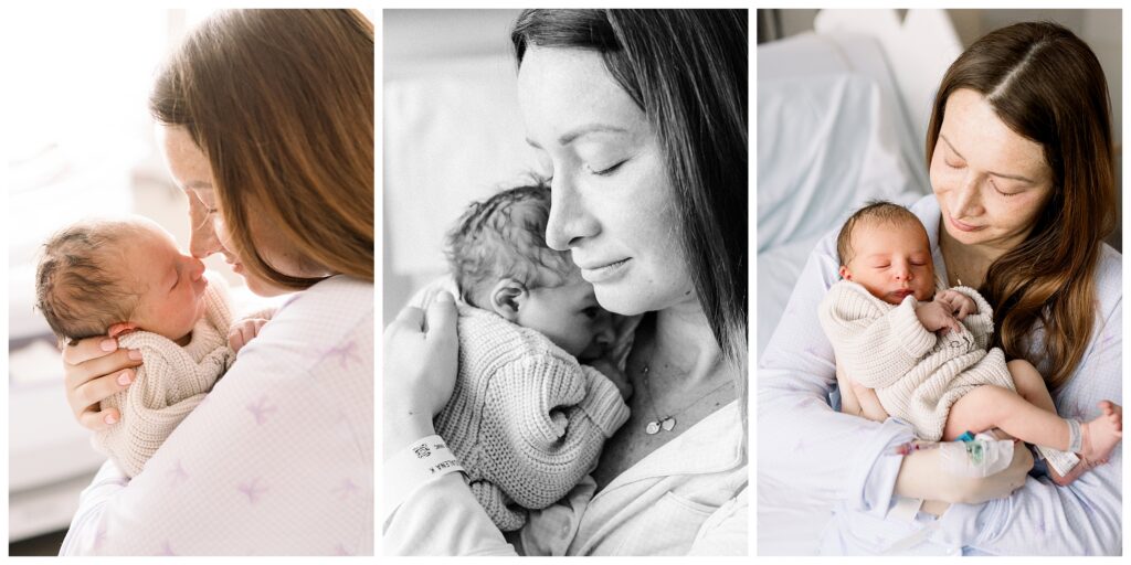 Mom holding her brand new baby boy just 24 hours old in the hospital after delivery at Morristown Medical Center during baby's first photo shoot with Fresh 48 Newborn Photographer renee Ash Photography