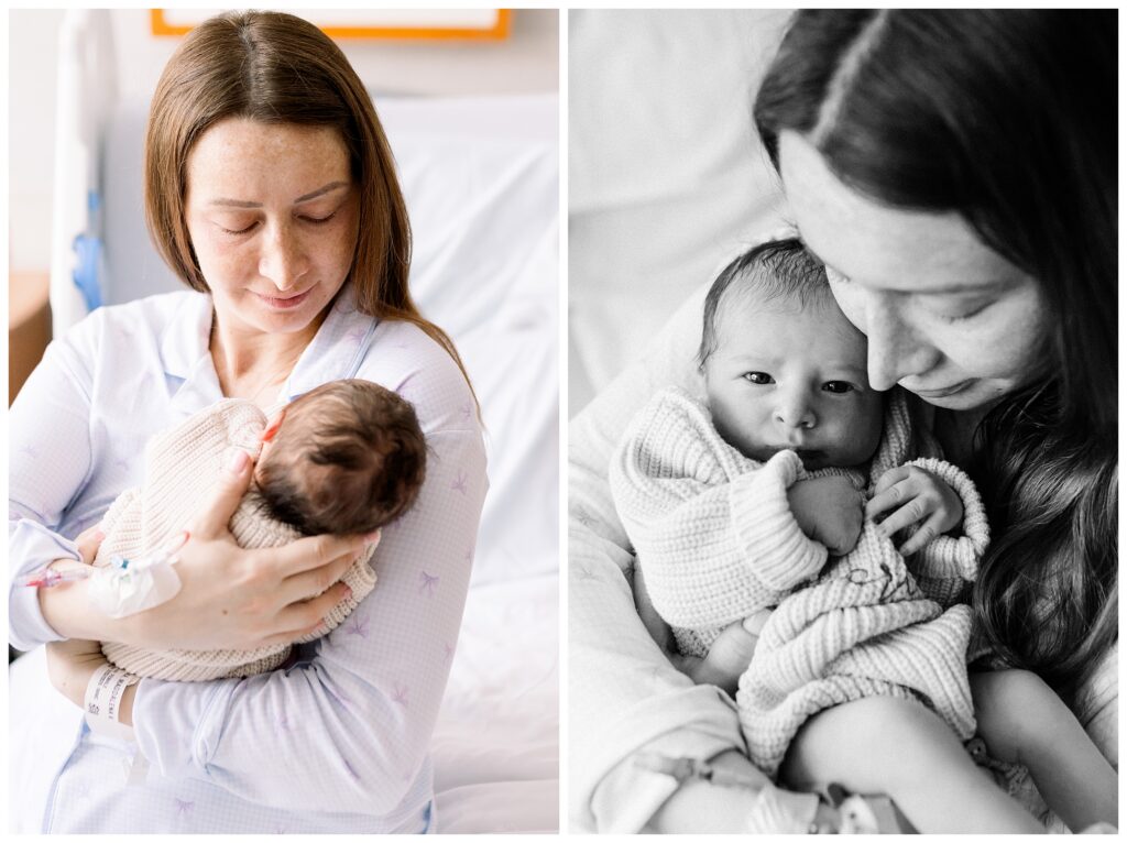 Mom holding her brand new baby boy just 24 hours old in the hospital after delivery at Morristown Medical Center during baby's first photo shoot with Fresh 48 Newborn Photographer renee Ash Photography