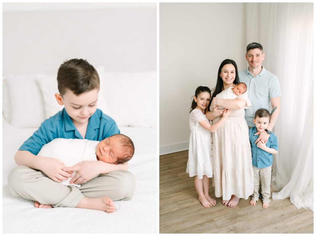Best Newborn Photographer NJ Mother and children photographer for mothers day in north new jersey Newborn Photography in North New Jersey | Natural Family Studio Session with Siblings white and blue wardrobe minimal simple styling