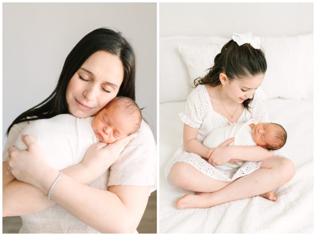 Mother and children photographer for mothers day in north new jersey Newborn Photography in North New Jersey | Natural Family Studio Session with Siblings white and blue wardrobe minimal simple styling