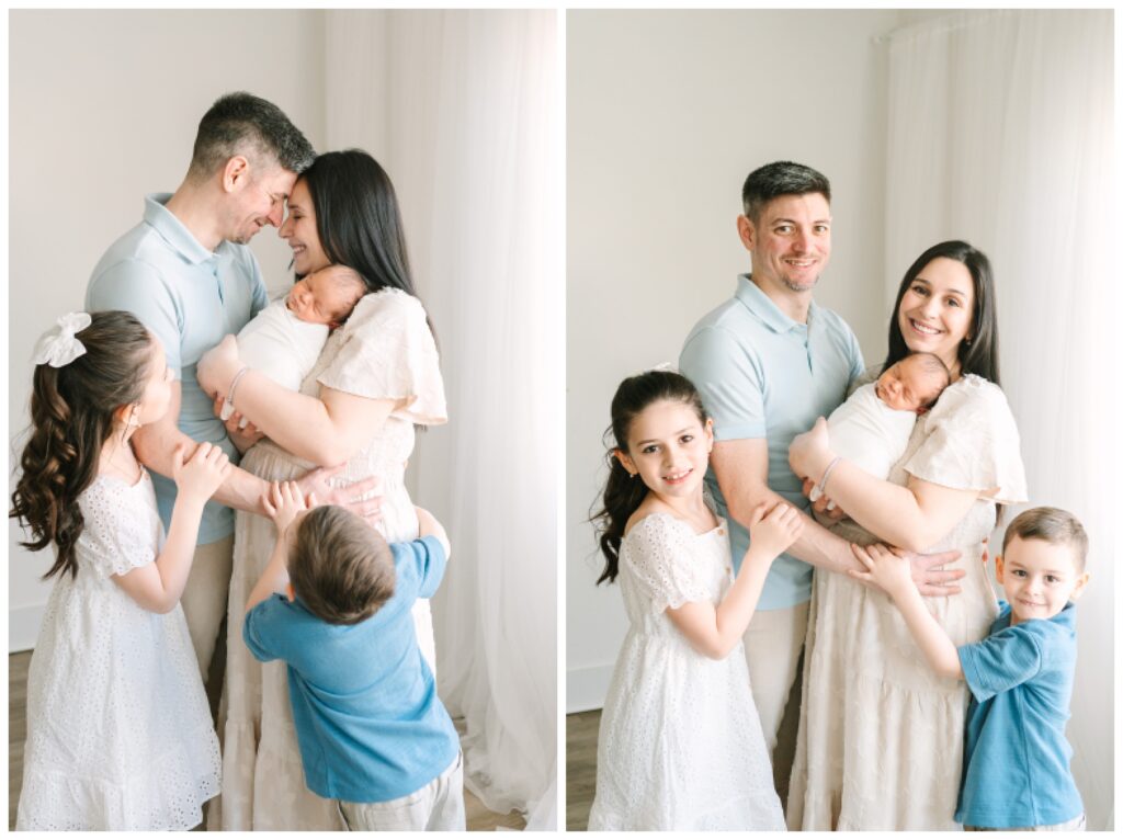 Mother and children photographer for mothers day in north new jersey Newborn Photography in North New Jersey | Natural Family Studio Session with Siblings white and blue wardrobe minimal simple styling