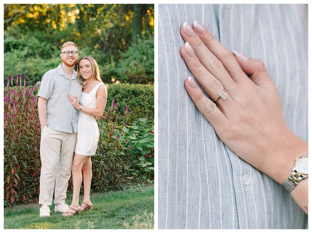 Fun candid engagement photos at Skylands Manor and New Jersey Botanical Gardens with a couple dancing through the flowers at sunset.