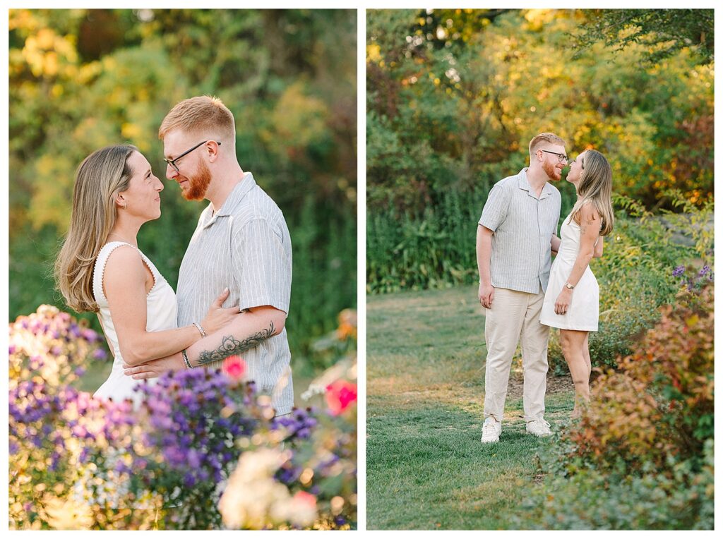 Garden Summer Engagement PhotosCouple embracing in the flower gardens at Skylands Manor during a bright and romantic summer engagement session in North Jersey.