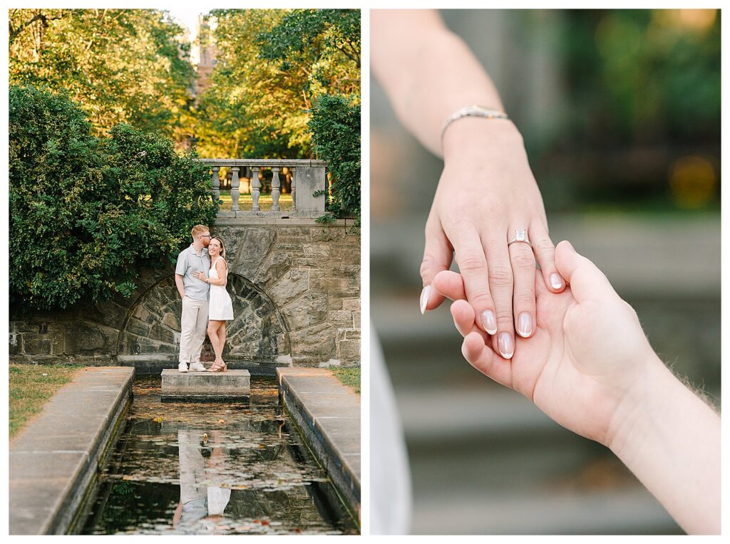 Elegant yet natural engagement portraits at Skylands Manor with a couple enjoying the gardens and castle inspired architecture in North Jersey.
