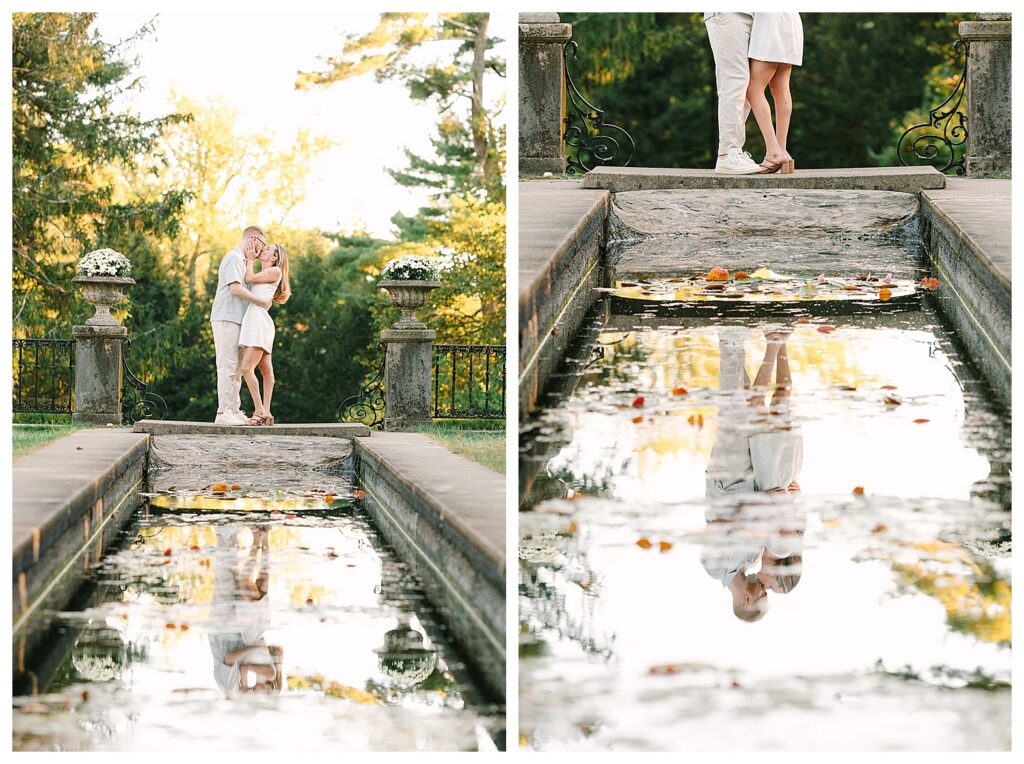 Couple laughing together in the gardens at Skylands Manor during a romantic summer engagement session in North New Jersey golden sunset light.