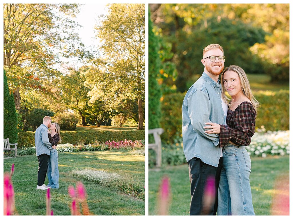 Garden Summer Engagement Photos Bright true to life engagement photos in North NJ featuring a couple dancing and cuddling in the gardens at Skylands Manor.