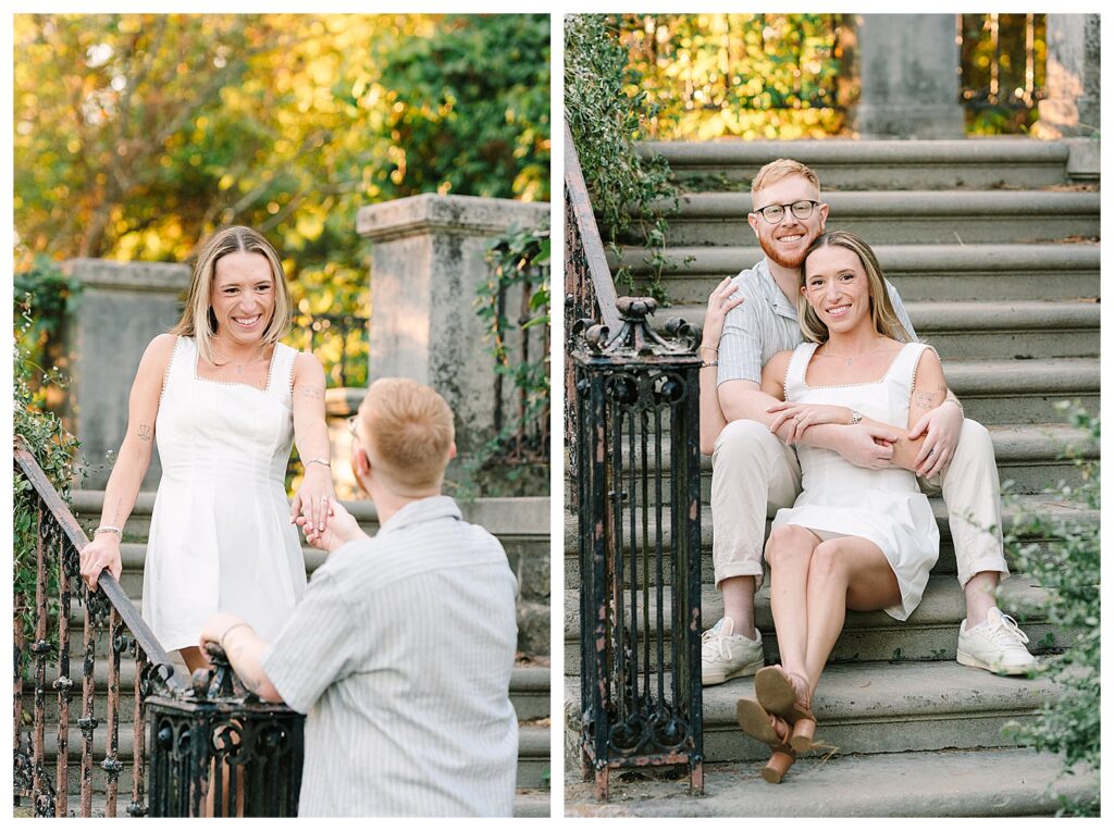 Easy natural engagement photos of a couple laughing together in the gardens at Skylands Manor in Ringwood New Jersey.