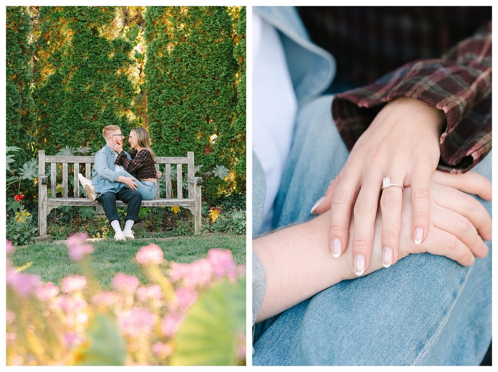 Summer engagement photography at New Jersey Botanical Gardens with colorful flowers glowing in sunset light around a joyful couple.