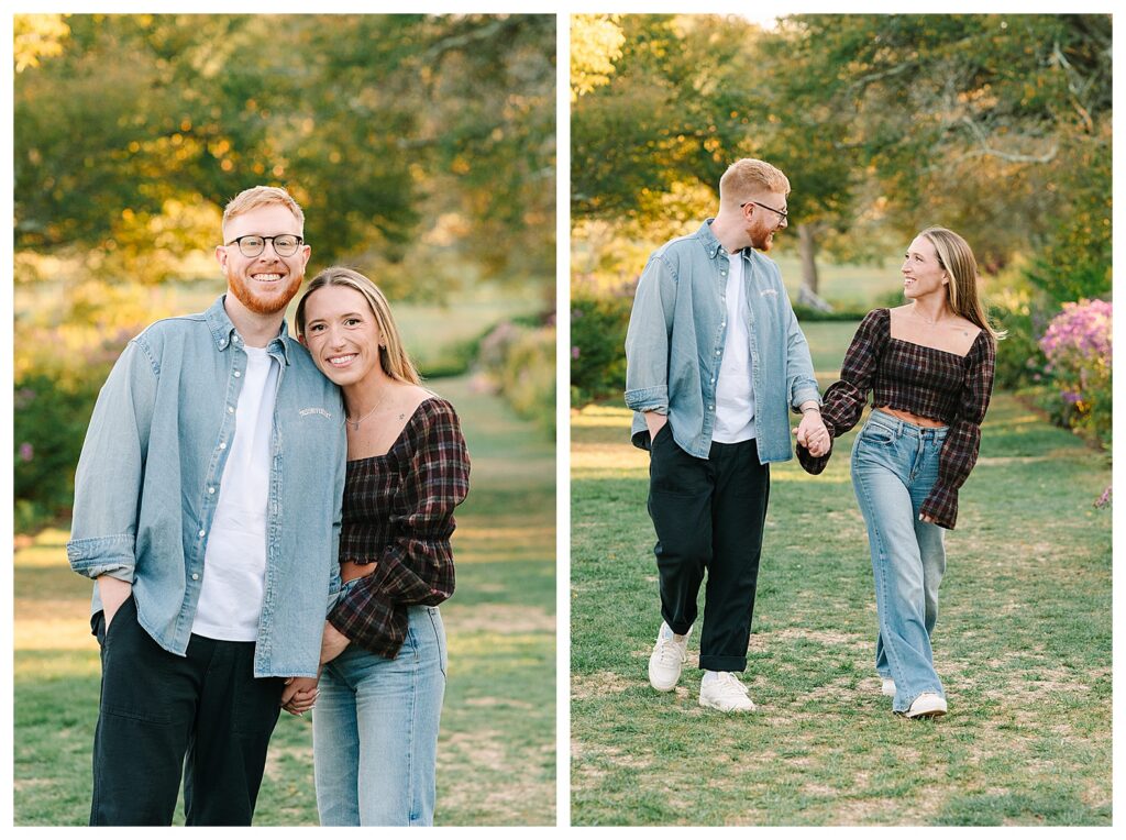 Garden Summer Engagement Photos Relaxed candid engagement photos at Skylands Manor showcasing a couple twirling and laughing together in golden evening sunlight.