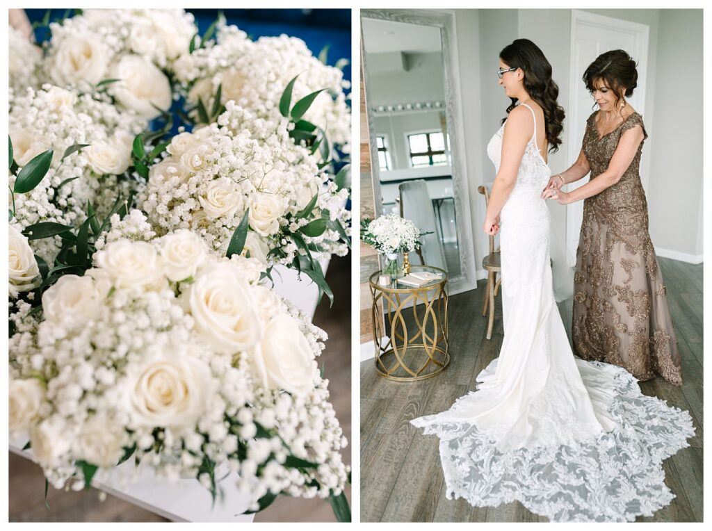Bride with her mother buttoning up the back of her dress during her Wedding at Mountain Creek Resort Venue Photographer renee Ash Photography