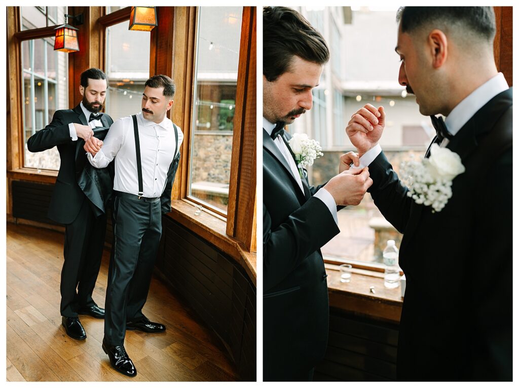 Groom getting ready for with his best man at his  : Wedding at Mountain Creek Resort Venue Photographer Renee Ash Photography
