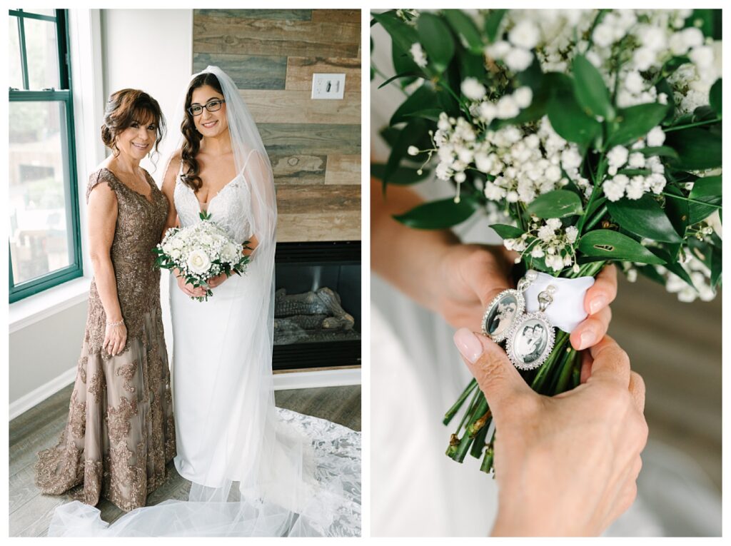Mother daughter emotional moment showing the bouquet charms with loved ones who have passed away  : Wedding at Mountain Creek Resort Venue Photographer Renee Ash Photography