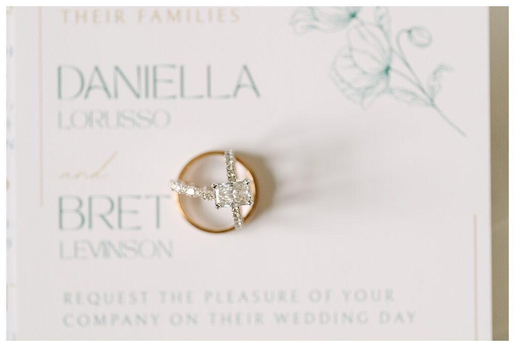 Wedding detail flatlays of the rings and invitation : Wedding at Mountain Creek Resort Venue Photographer renee Ash Photography