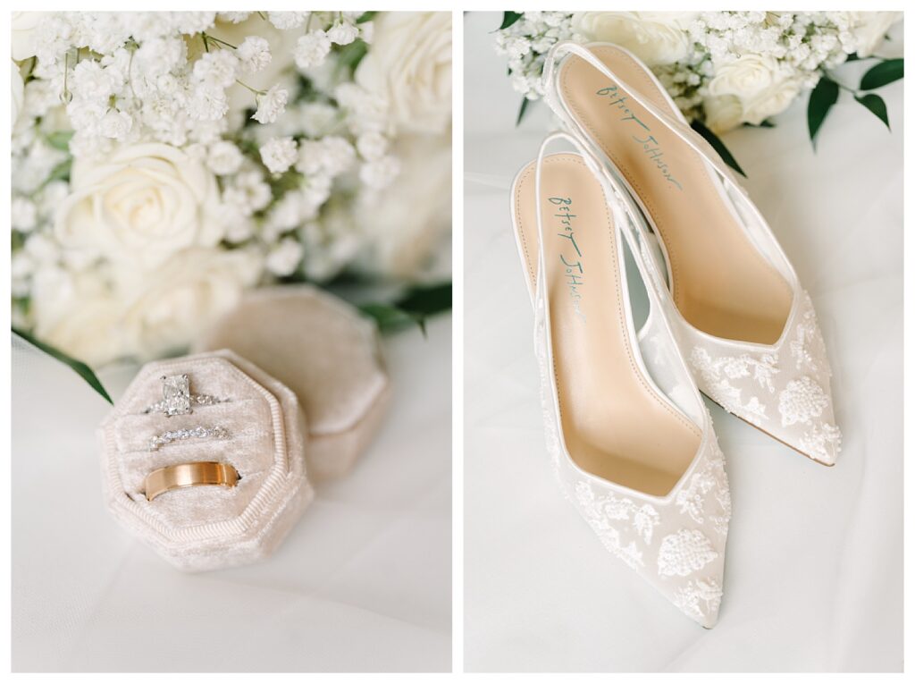 Bridal Details Betsey Johnson Bridal shoes and floraals with roses and Baby's breath : Wedding at Mountain Creek Resort Venue Photographer renee Ash Photography
